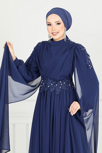 moda selvim Evening Dress 6640YG95 Navy Blue - Thumbnail