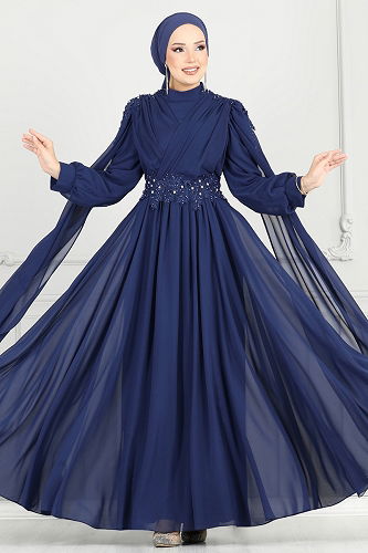 moda selvim فستان سهرة كحلي 6640YG95 - Thumbnail