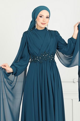 moda selvim فستان سهرة بترولي 6640YG95 - Thumbnail