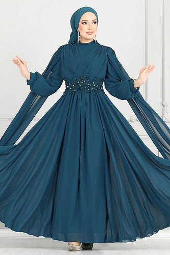 moda selvim فستان سهرة بترولي 6640YG95 - Thumbnail