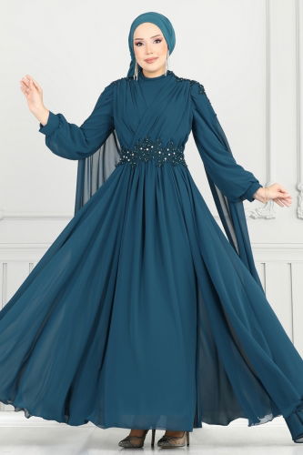moda selvim فستان سهرة بترولي 6640YG95 - Thumbnail