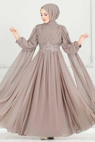 moda selvim فستان سهرة بيج وردي 6640YG95 - Thumbnail