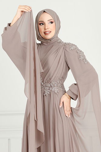 moda selvim فستان سهرة بيج وردي 6640YG95 - Thumbnail