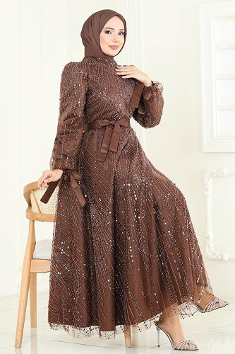 moda selvim Evening Dress 6641YG95 Brown - Thumbnail