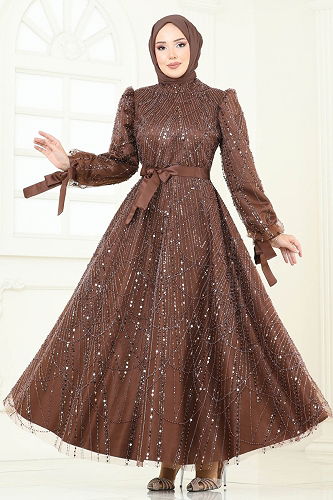 moda selvim Evening Dress 6641YG95 Brown - Thumbnail