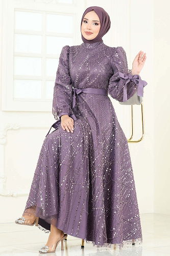 moda selvim فستان سهرة ليلكي 6641YG95 - Thumbnail