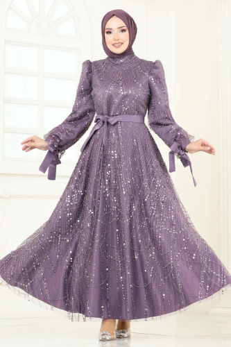 moda selvim فستان سهرة ليلكي 6641YG95 - Thumbnail