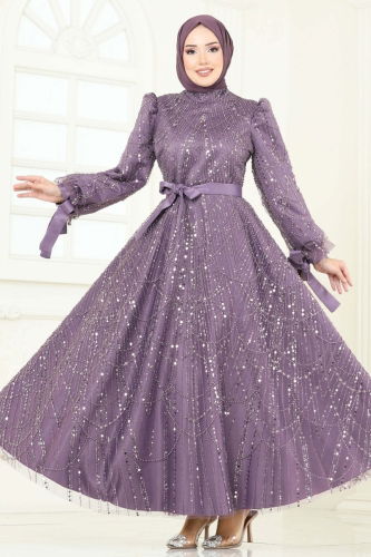 moda selvim فستان سهرة ليلكي 6641YG95 - Thumbnail