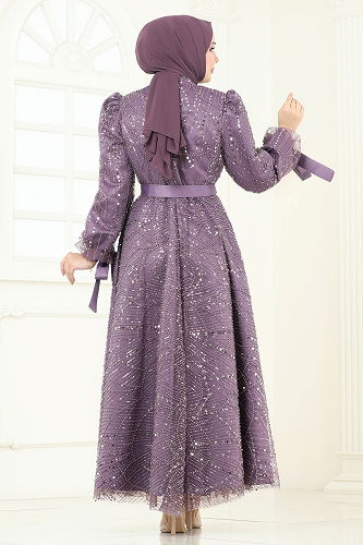 moda selvim فستان سهرة ليلكي 6641YG95 - Thumbnail