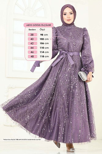 moda selvim فستان سهرة ليلكي 6641YG95 - Thumbnail