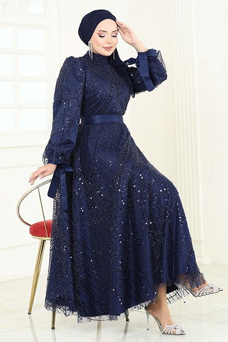 moda selvim Evening Dress 6641YG95 Navy Blue - Thumbnail