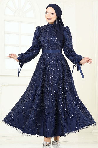 moda selvim Evening Dress 6641YG95 Navy Blue - Thumbnail