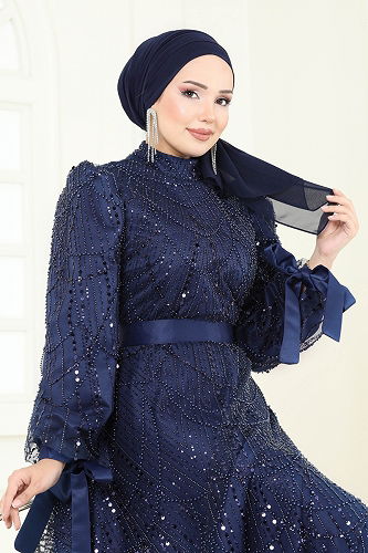 moda selvim فستان سهرة كحلي 6641YG95 - Thumbnail