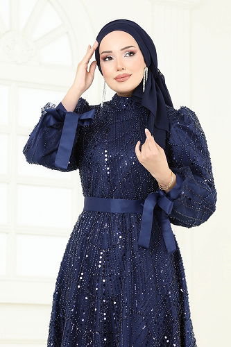 moda selvim فستان سهرة كحلي 6641YG95 - Thumbnail