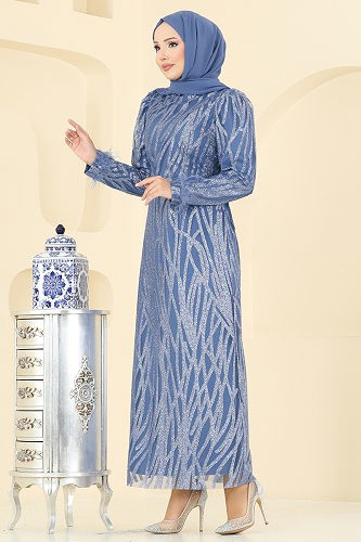 moda selvim Evening Dress 6660YG95 Indigo - Thumbnail
