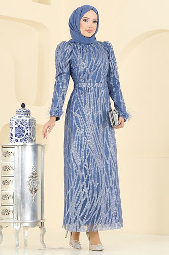 moda selvim فستان سهرة ازرق 6660YG95 - Thumbnail
