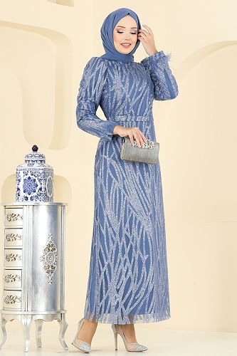 moda selvim فستان سهرة ازرق 6660YG95 - Thumbnail