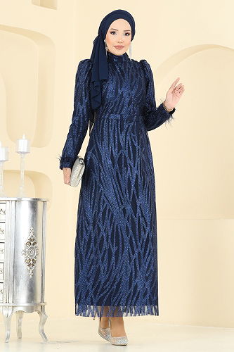 moda selvim Evening Dress 6660YG95 Navy Blue - Thumbnail