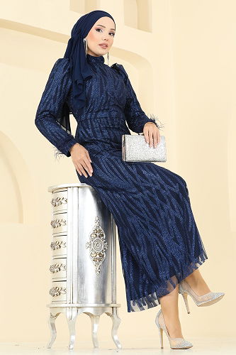 moda selvim فستان سهرة كحلي 6660YG95 - Thumbnail