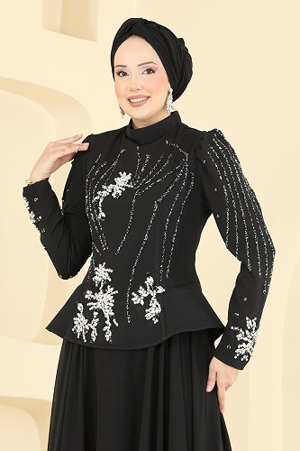 moda selvim فستان سهرة أسود 6671YG95 - Thumbnail