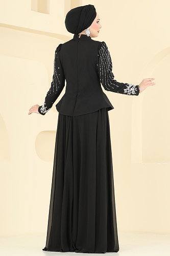 moda selvim فستان سهرة أسود 6671YG95 - Thumbnail