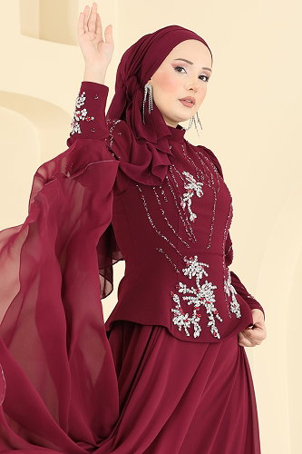 moda selvim فستان سهرة خمري 6671YG95 - Thumbnail