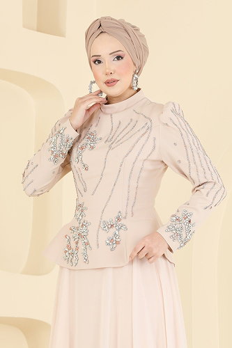 moda selvim فستان سهرة كريمي 6671YG95 - Thumbnail
