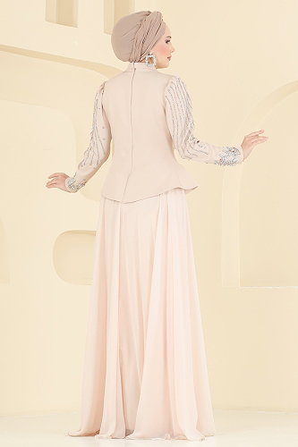 moda selvim فستان سهرة كريمي 6671YG95 - Thumbnail
