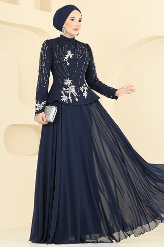 moda selvim فستان سهرة كحلي 6671YG95 - Thumbnail