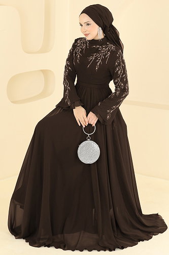 moda selvim فستان سهرة بني 6672YG95 - Thumbnail