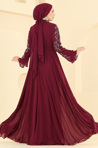moda selvim Evening Dress 6672YG95 Burgundy - Thumbnail