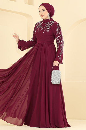 moda selvim فستان سهرة خمري 6672YG95 - Thumbnail