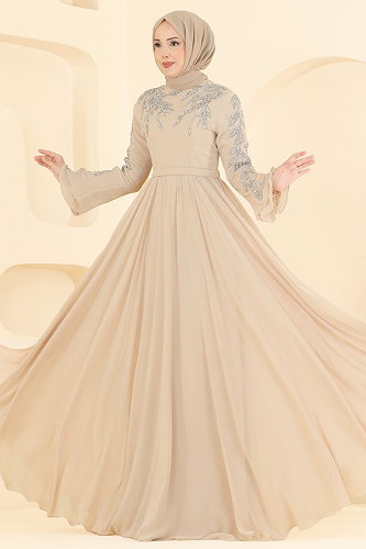 moda selvim فستان سهرة كريمي 6672YG95 - Thumbnail
