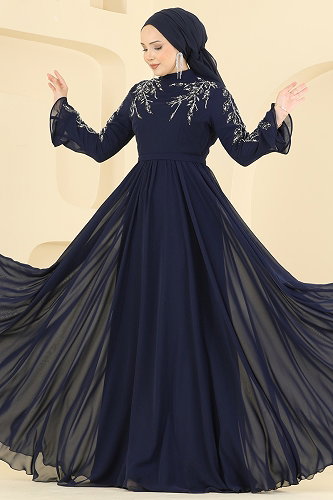 moda selvim فستان سهرة كحلي 6672YG95 - Thumbnail