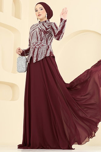 moda selvim فستان سهرة خمري 6673YG95 - Thumbnail