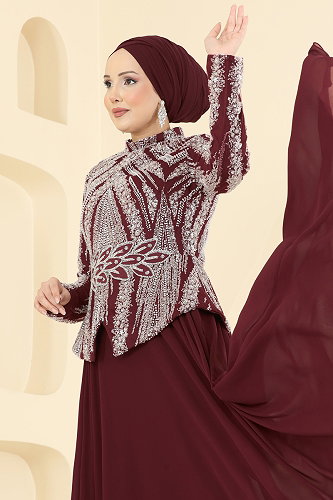 moda selvim فستان سهرة خمري 6673YG95 - Thumbnail