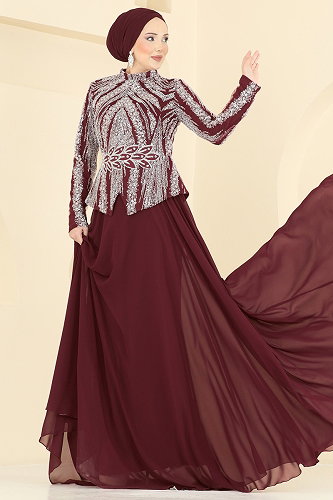 moda selvim فستان سهرة خمري 6673YG95 - Thumbnail