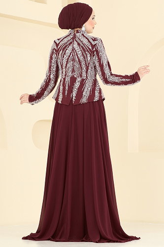 moda selvim فستان سهرة خمري 6673YG95 - Thumbnail