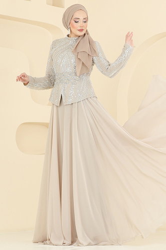 moda selvim Evening Dress 6673YG95 Cream - Thumbnail