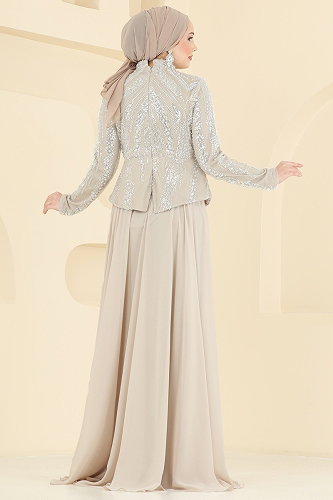 moda selvim فستان سهرة كريمي 6673YG95 - Thumbnail