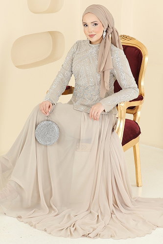 moda selvim فستان سهرة كريمي 6673YG95 - Thumbnail