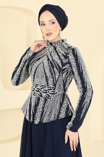 moda selvim فستان سهرة كحلي 6673YG95 - Thumbnail