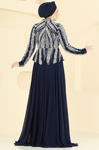 moda selvim فستان سهرة كحلي 6673YG95 - Thumbnail