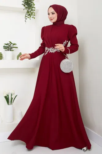 moda selvim Evening Dress 6876MDH809 Burgundy - Thumbnail