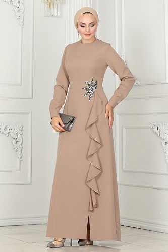 moda selvim فستان سهرة بيج 6882MDH809 - Thumbnail