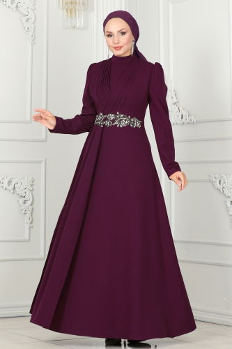 moda selvim Evening Dress 6883MDH809 Damson - Thumbnail