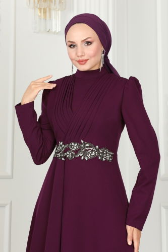 moda selvim Evening Dress 6883MDH809 Damson - Thumbnail