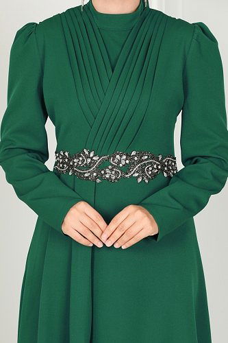 moda selvim فستان سهرة زيتي 6883MDH809 - Thumbnail