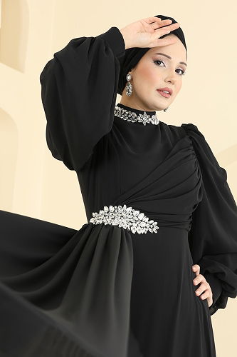 moda selvim فستان سهرة أسود 6999YG95 - Thumbnail