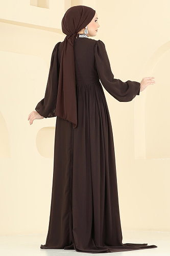 moda selvim فستان سهرة بني 6999YG95 - Thumbnail
